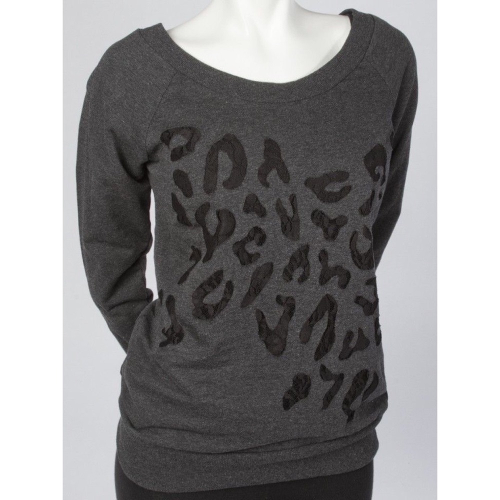 Gray Leopard Print Sweater with Lace Detail